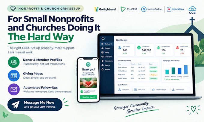 gohighlevel, civicrm, nationbuilder, donorbox and ccb nonprofit CRM setup