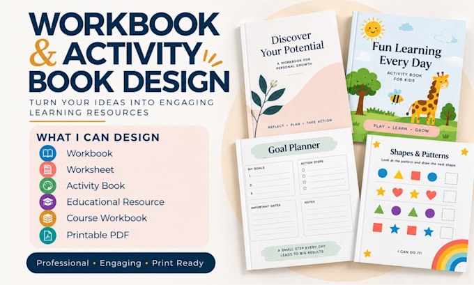 educational workbook design, worksheet, activities book design, canva workbook