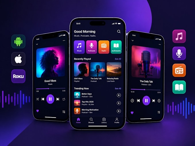 develop podcast app, music streaming app, radio app for android and ios