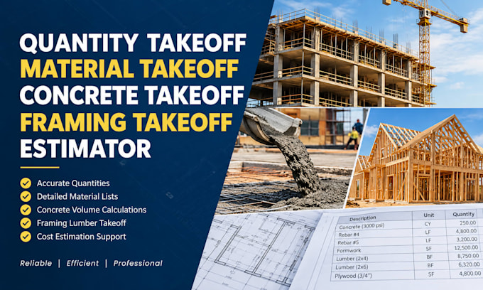 quantity takeoff, material takeoff, concrete takeoff, framing takeoff estimator