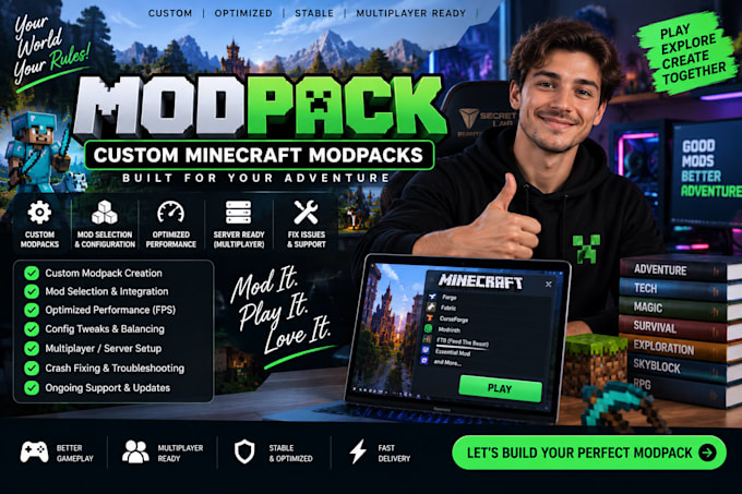 create custom minecraft modpack, mod integration and server setup