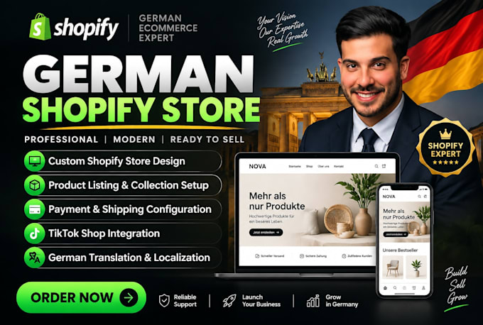 create a german store with shopify website and tiktok shop setup