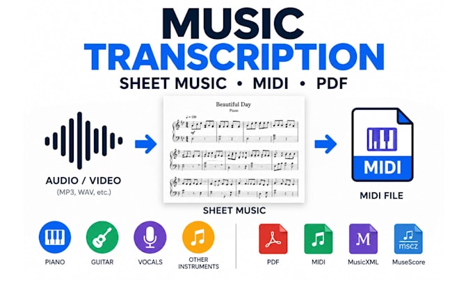 transcribe audio into sheet music midi PDF for piano guitar vocal and songs