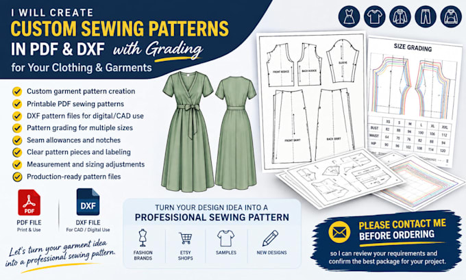 create custom PDF sewing patterns in PDF and dxf with grading for your clothing