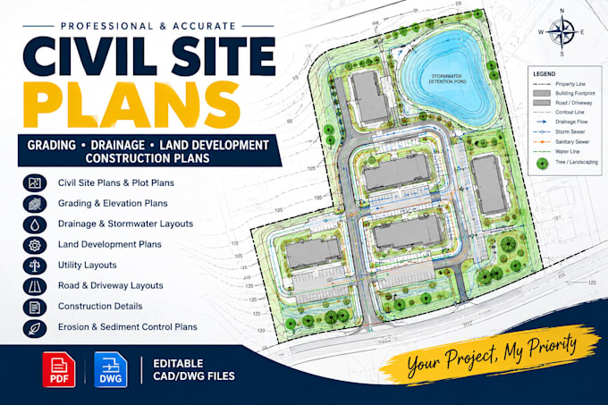 create civil site plans, grading, drainage, land development, construction plans