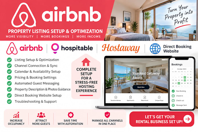 setup property listing on airbnb, hospitable hostaway direct booking website