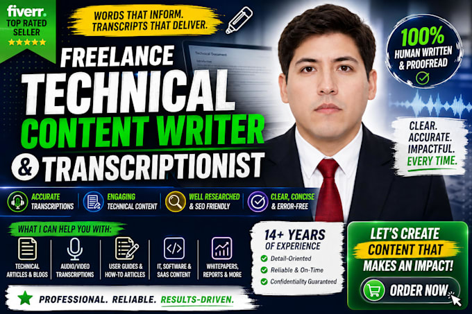 write SEO technical content, articles and transcribe