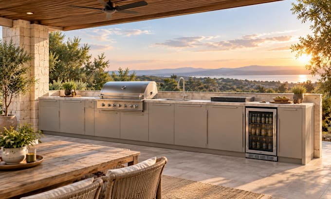 create 3d renders for modular outdoor kitchen cabinets and prefab bbq islands