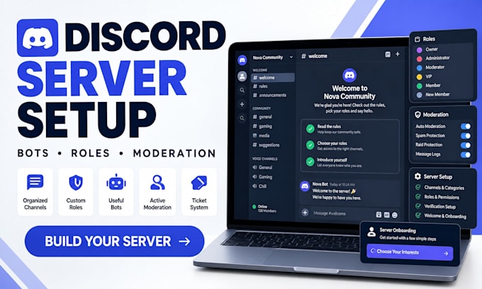 discord server setup with roles, bots, channels, permissions and full automation