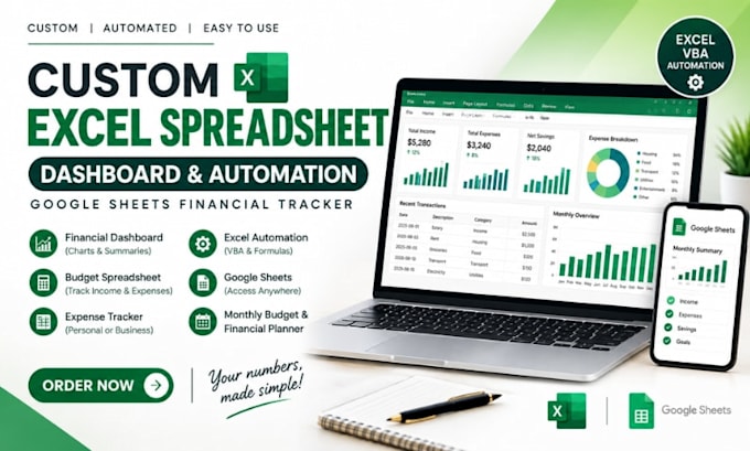 do custom excel spreadsheet dashboard, google sheet automation financial tracker