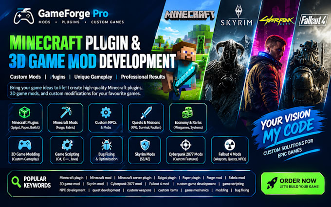 develop professional minecraft plugin 3d game mod skyrim cyberpunk 2077 fallout4