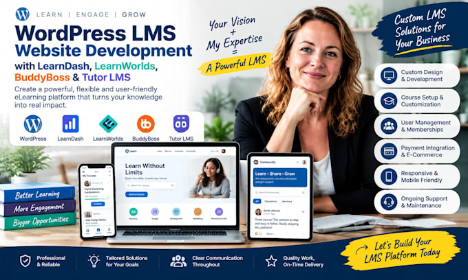 develop wordpress lms website with learndash, learnworlds, buddyboss, tutor lms