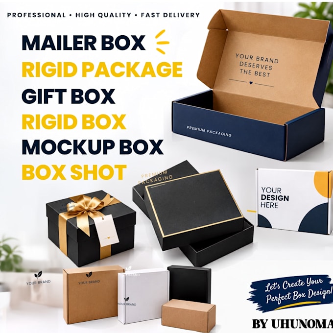 make mailer box, gift box, rigid package, rigid box, mockup box and box shot