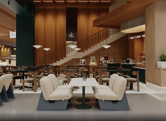 do 3d restaurant design, lobby, luxury 3d cafe interior, coffee shop rendering