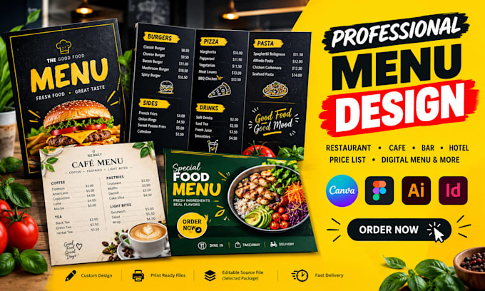 design any menu in canva, figma, adobe illustrator, or adobe indesign