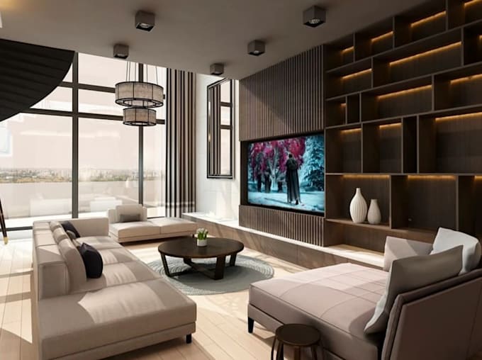 render luxury living room interior, open concept layout, 3d visualization