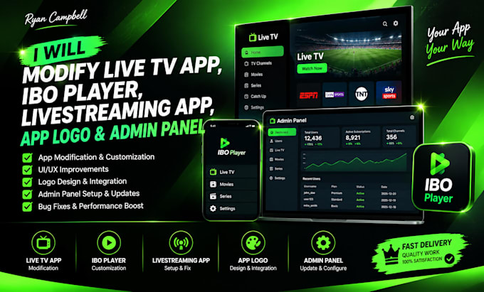 modify live tv app, ibo player, livestreaming app, app logo, admin panel app