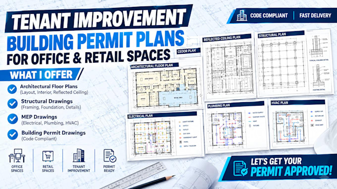 draw stamp tenant improvement building permit plans for office and retail spaces