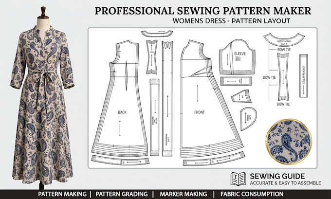 create womens dress, cad sewing pattern, grading and consumption