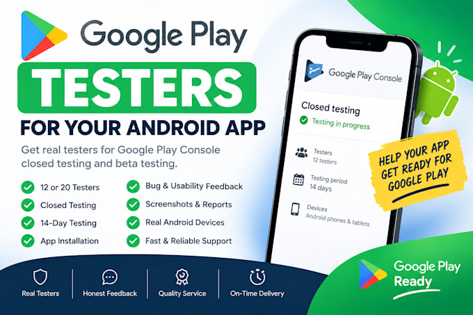 provide 12 testers or 20 testers for google play closed testing android app test