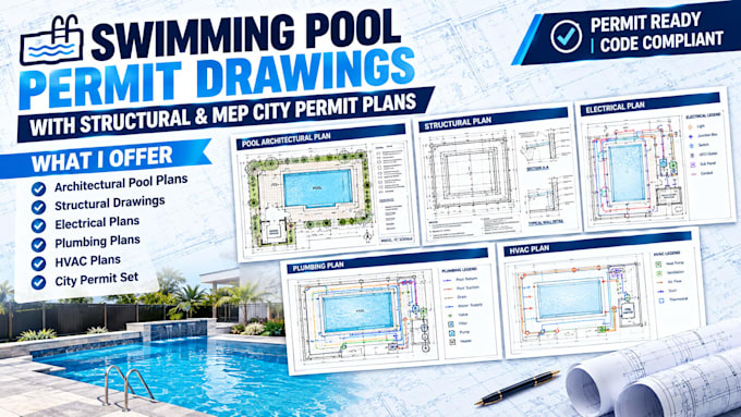 prepare swimming pool permit drawings with structural and mep city permit plans