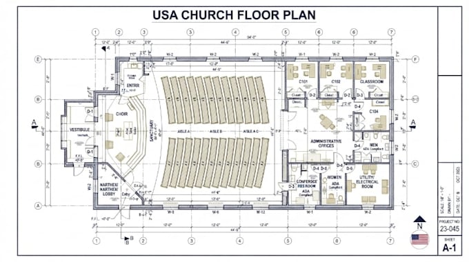 do USA permit 2d architectural plan, church floor plan, 2d sanctuary drawings