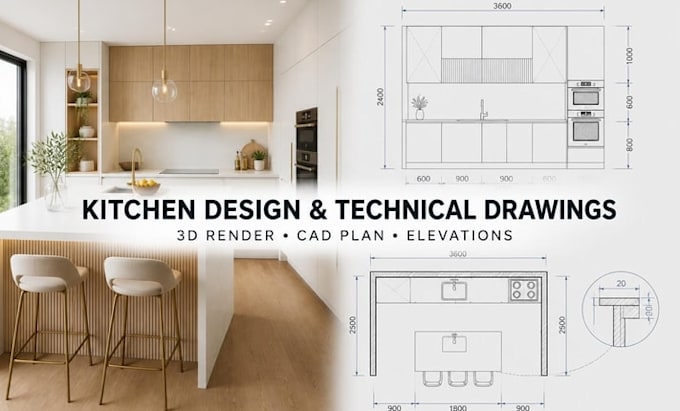 design kitchen interior and provide detailed technical drawings