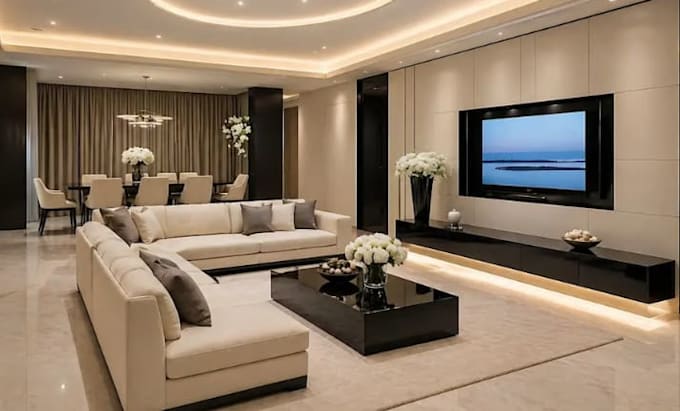 create a modern 3d living room design with realistic render