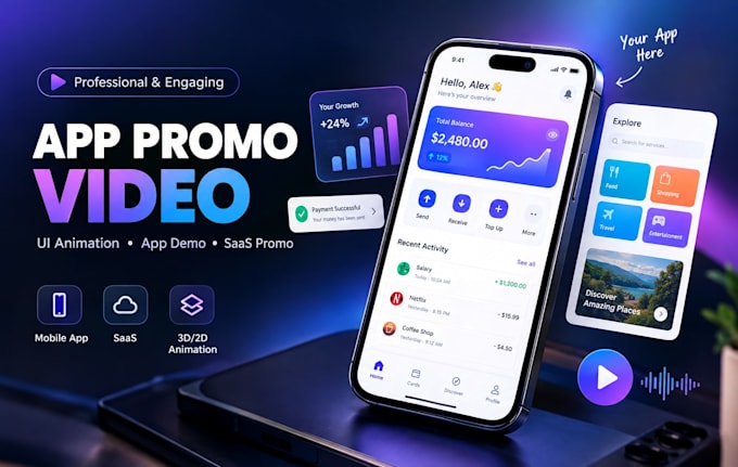 create app promo video mobile ui app promo animation 3d model saas demo video