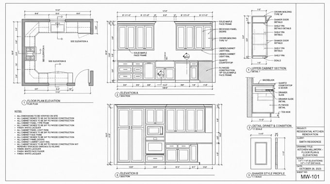 create custom kitchen cabinet, floor plan elevations and millwork shop drawings