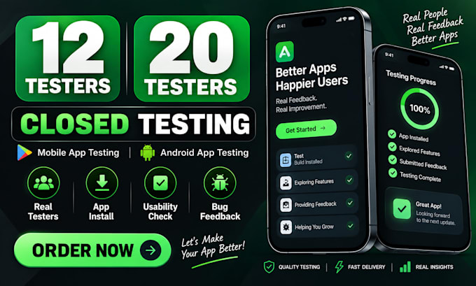 provide 12 testers close testing 20 testers mobile app testing 12 testers