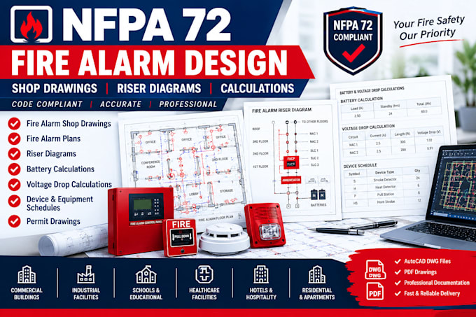design nfpa 72 fire alarm shop drawings, riser diagrams and calculations