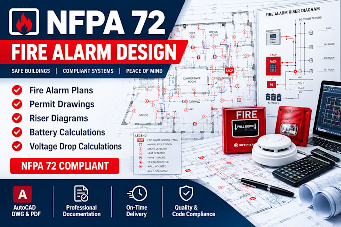 design nfpa 72 fire alarm plans, permit drawings, riser diagrams and calculation