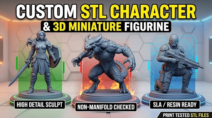 create custom stl character, 3d miniature figurine for 3d prinitng