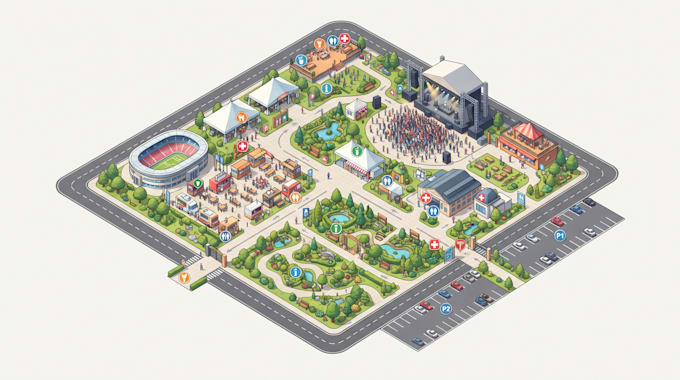 create 2d isometric map, route map, event map, wayfinding map and venue map