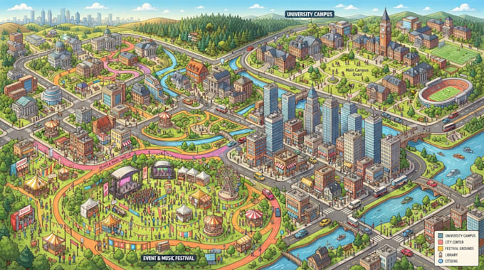 design 3d isometric map, event map, city map, festival map and campus map