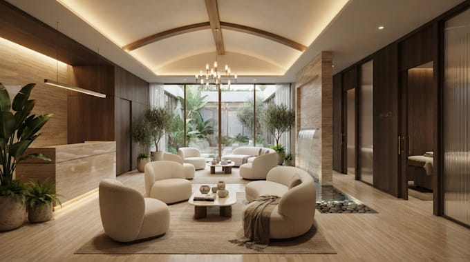 create a luxury spa design with elegant interior layout and 3d