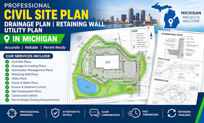 design civil site plan drainage plan retaining wall utility plan in michigan