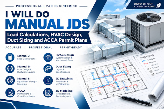do manual jds load calculations, hvac design, duct sizing and acca permit plans