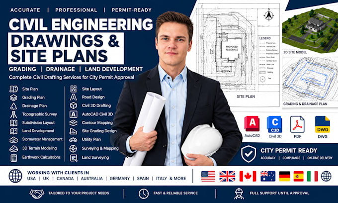 create stormwater management and drainage plan, site plan, survey plan, iot plan