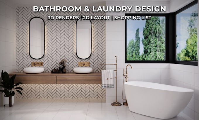 design 3d bathroom and laundry room with a shopping list