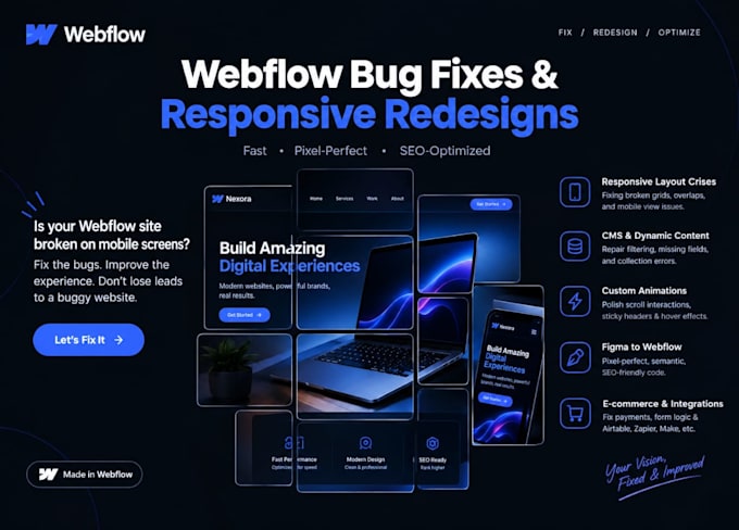 fix webflow bugs, responsive issues, and design custom layout