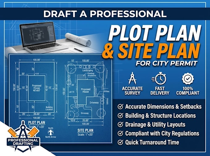draft a professional plot plan and site plan for city permit
