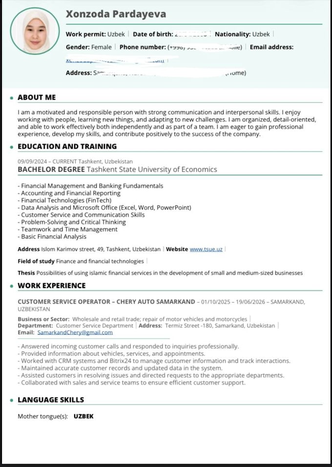 create a professional  CV resume in canva or europass