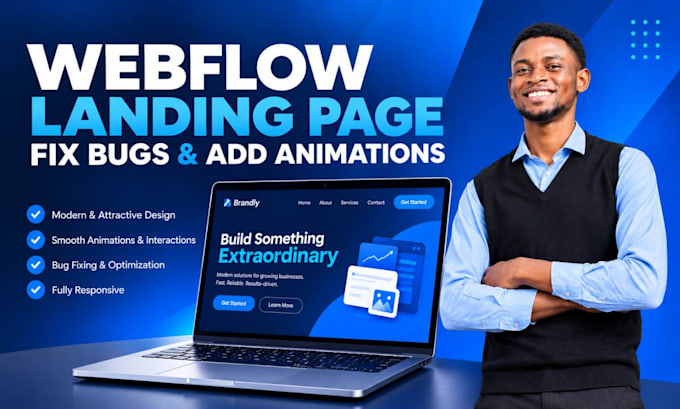 design webflow landing page, fix webflow bugs, animations and webflow cms