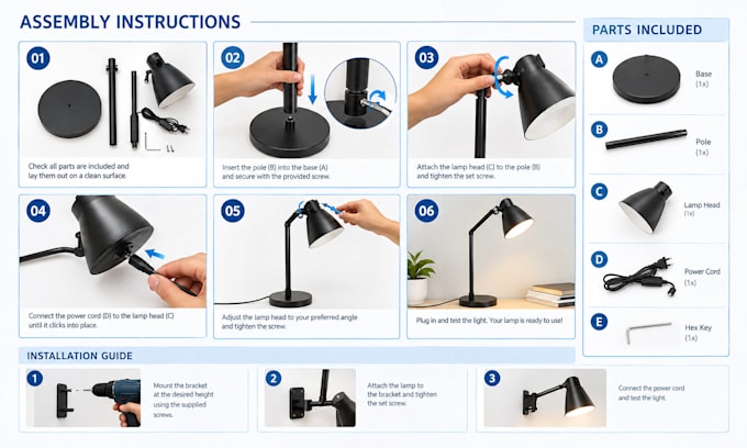 create assembly instructions, installation guide, user guide and product manual
