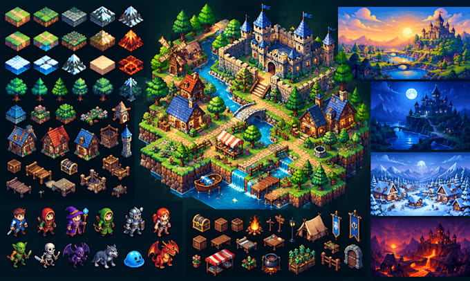create isometric pixel art tileset tilemap rpg game assets pixel game background