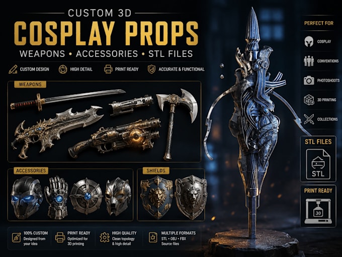 design custom 3d cosplay props, weapons, accessories and stl files
