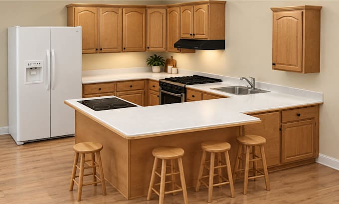 create kitchen design with 3d modeling and cabinet technical drawings