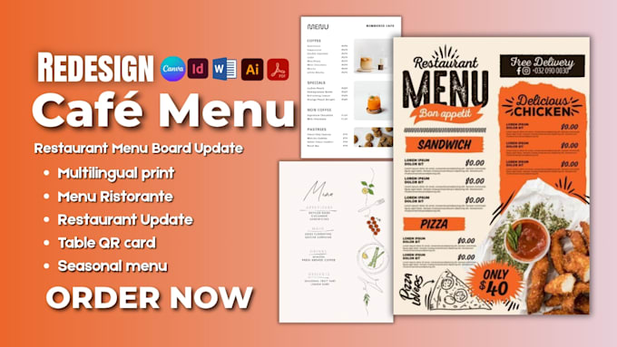 create café bar menu, redesign restaurant menu board update, multilingual print